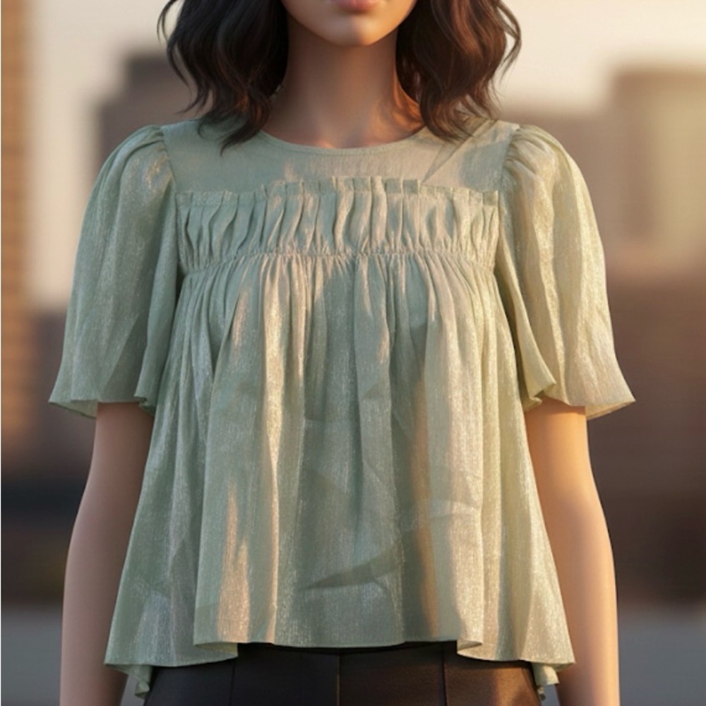 Cocobebe NWT Light Green Shimmer Top Blouse‎ Flowy Short Sleeves Cropped Keyhole